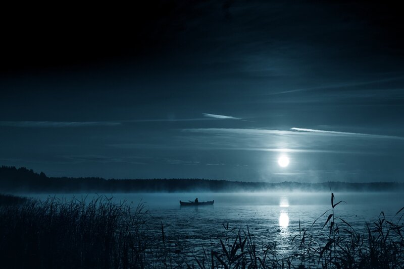 Person in Canoe on Lake — Blue, Serene