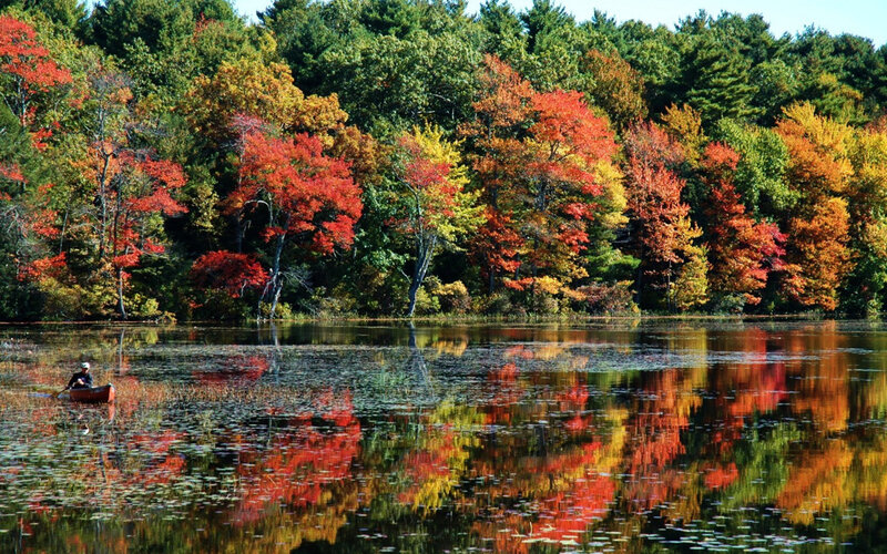 Person in Canoe on Lake — Red