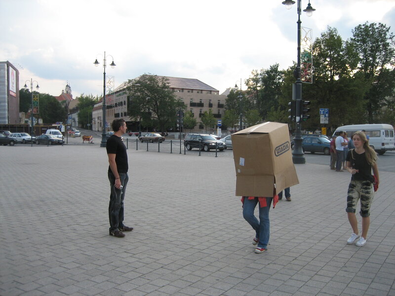 Person in cardboard box on street