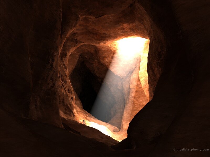 Person in Cave Tunnel — Brown, Dramatic, Digital Art, Light Beam, Orange