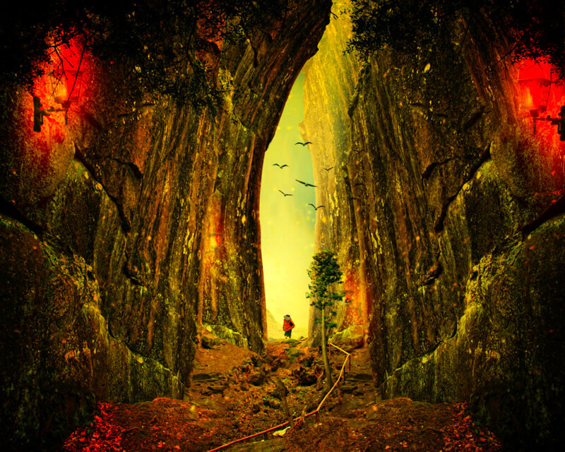 Person in Cave Tunnel — Yellow