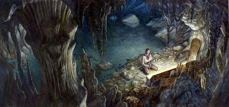 Person in Cave with Sword