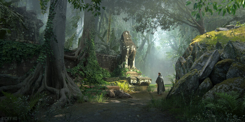 Person in Cloak Near Statue