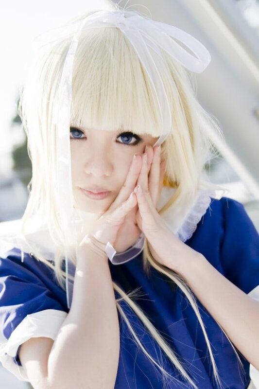 Person in Cosplay — Blue, Calm, Photograph, Blonde Wig
