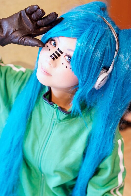 Person in Cosplay — Blue, Playful, Photograph, Blue Wig, Headphones