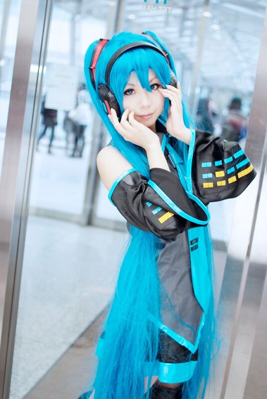 Person in Cosplay — Cyan, Neutral, Photograph, Blue Wig