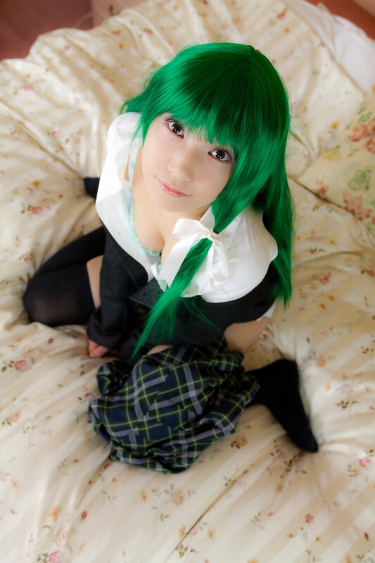 Person in Cosplay — Green, Calm, Photograph, Green Wig, School Uniform