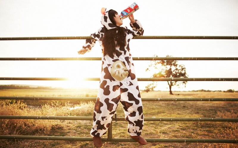 person in cow costume drinking milk