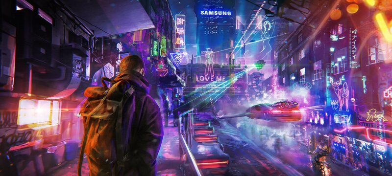 Person in Cyberpunk City — Purple