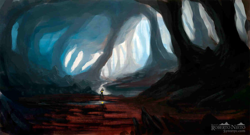 Person in Dark Cave — Blue, Dramatic, Digital Art, Light Source
