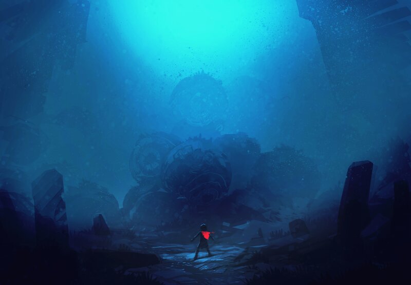 Person in Dark Cave — Blue, Dramatic, Digital Art, Ruins