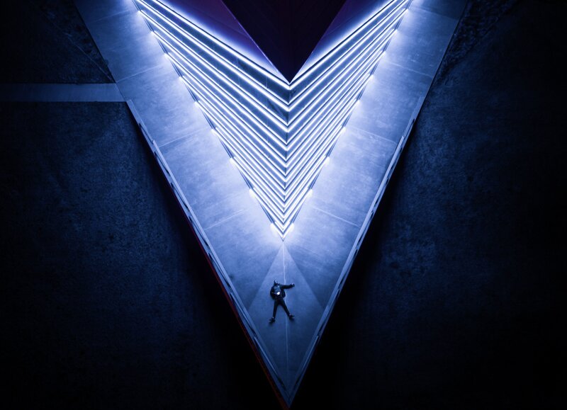 Person in Dark Corridor — Blue