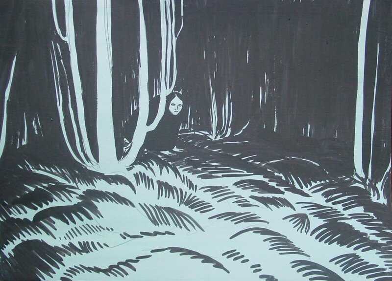 Person in Dark Forest — Black, Night, Illustration