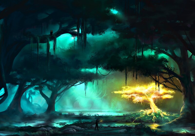 Person in Dark Forest — Green, Mysterious