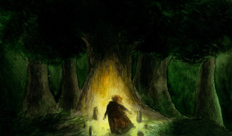 Person in Dark Forest — Green, Night