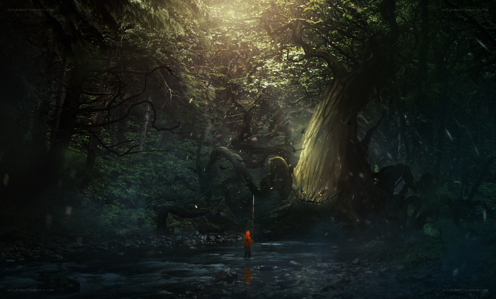 person in dark forest with stream