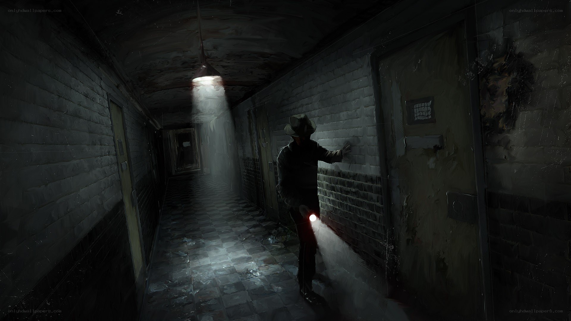 person in dark hallway with flashlight