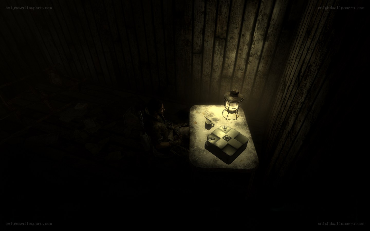 person in dark room with lantern