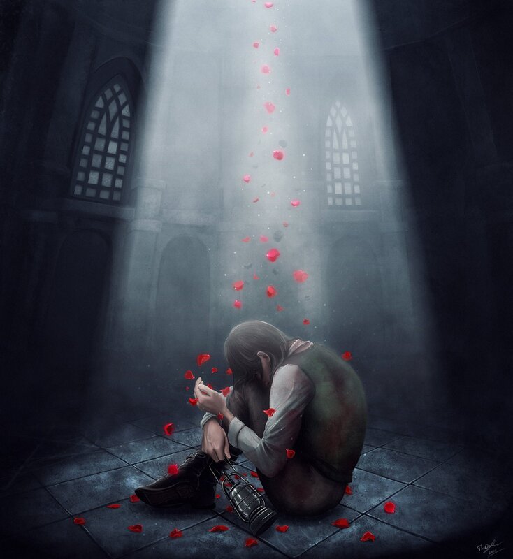 person in dark room with rose petals