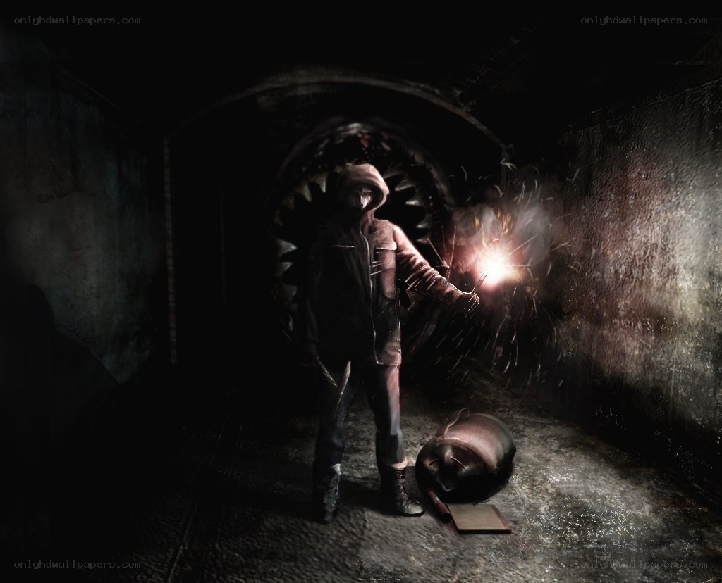 person in dark tunnel with flare