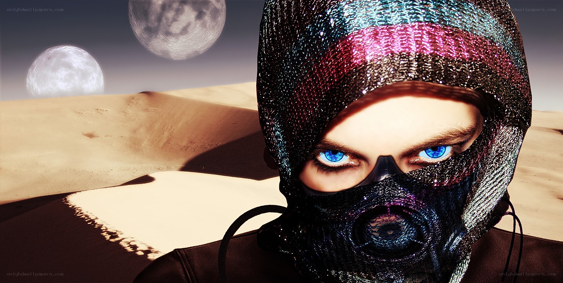 person in desert with two moons