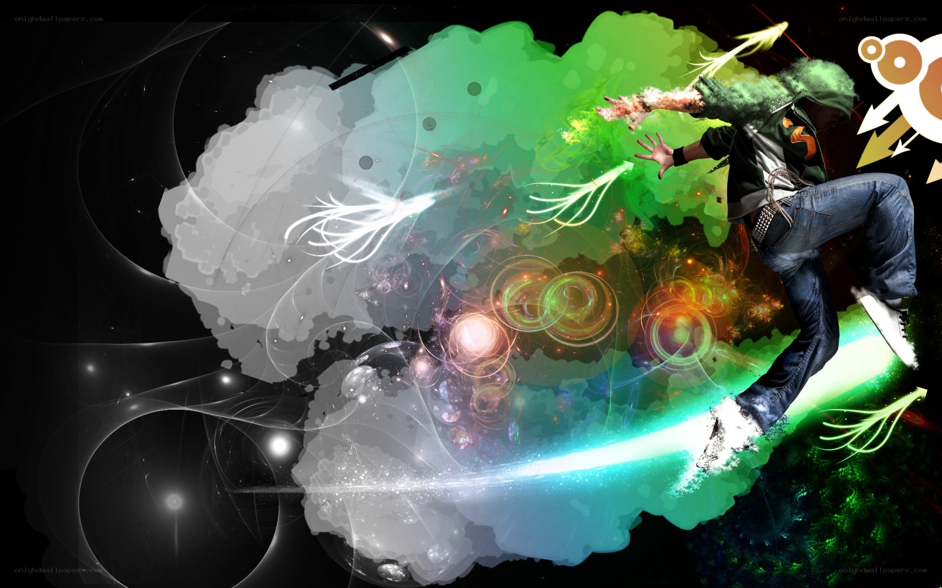 person in dynamic pose with energy effects