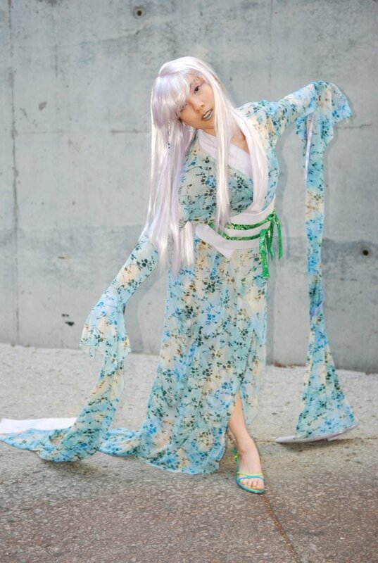 person in floral kimono costume