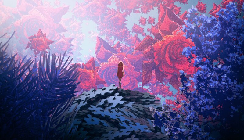 Person in Flower Field — Red