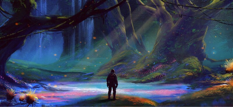 Person in Forest — Blue, Serene, Night