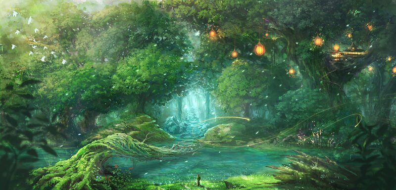 Person in Forest Clearing — Green, Serene, Night