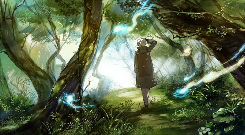 Person in Forest — Green, Serene, Morning, Digital Art, Trees, Glowing Energy