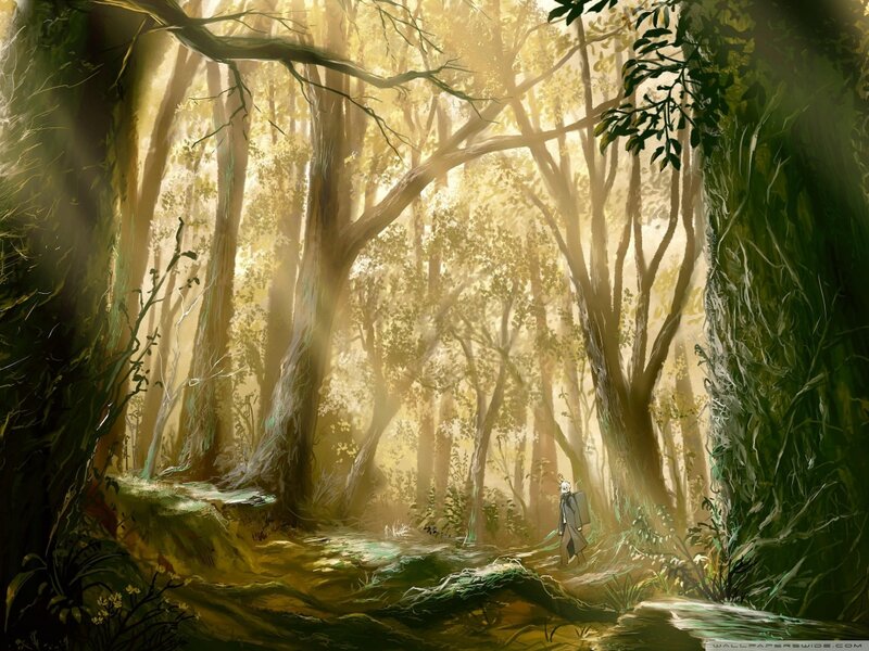 Person in Forest — Green, Serene, Morning, Digital Art, Trees, Sunlight