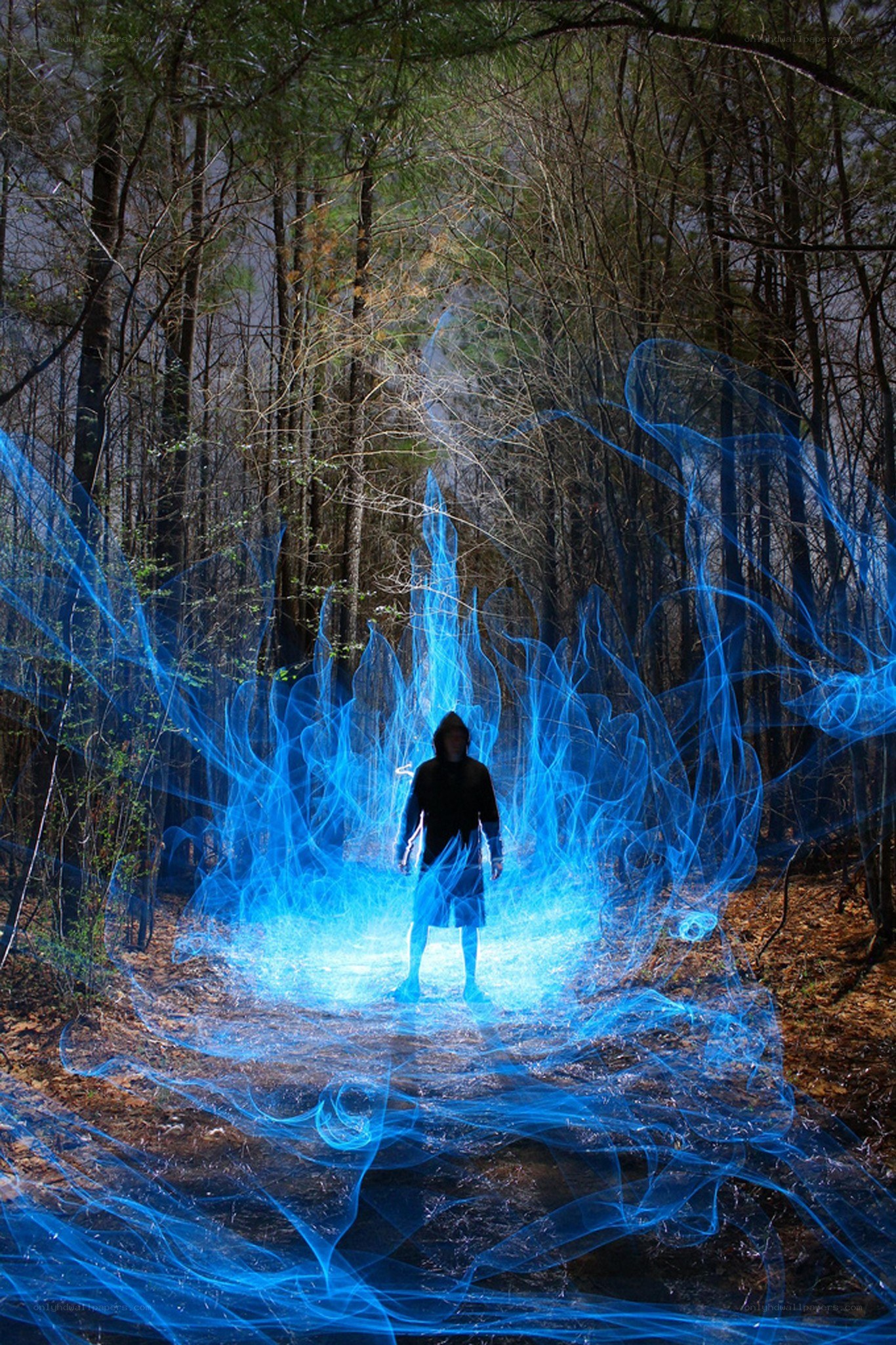 person in forest with blue light