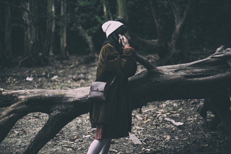 Person in forest with fallen log