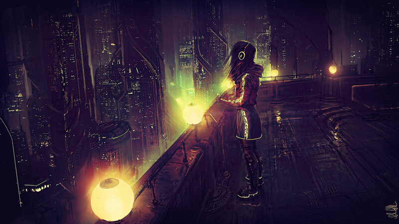 Person in Futuristic City — Black