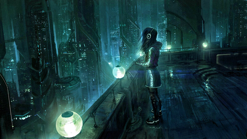 Person in Futuristic City — Blue