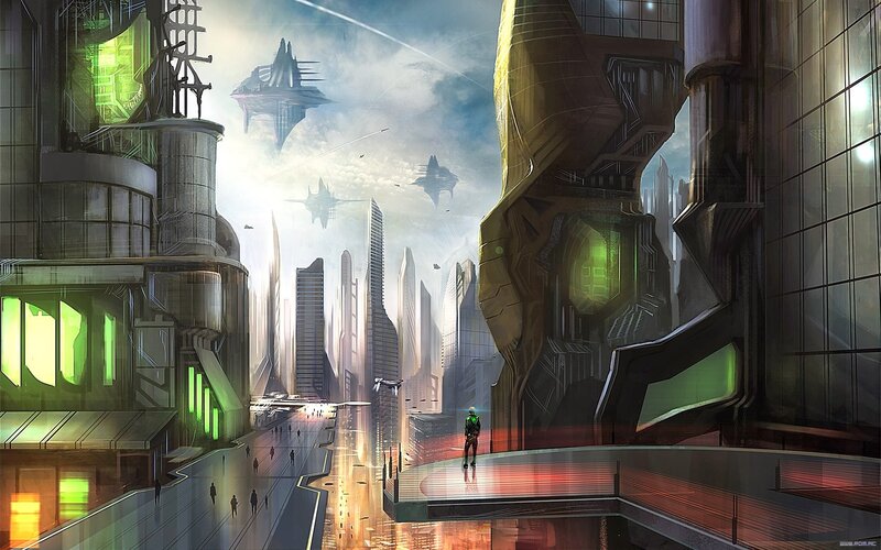 Person in Futuristic City — Green, Dramatic