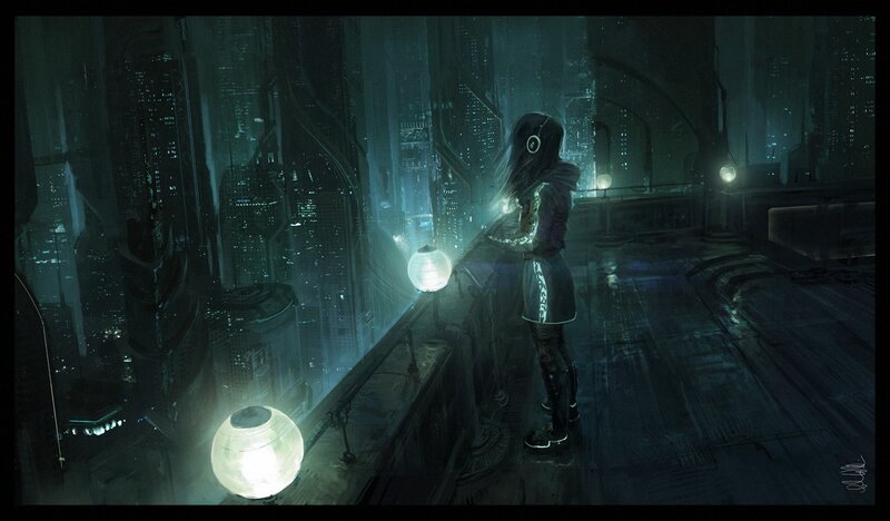 Person in Futuristic City — Green