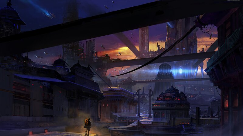 Person in Futuristic City — Purple, Dramatic, Sunset