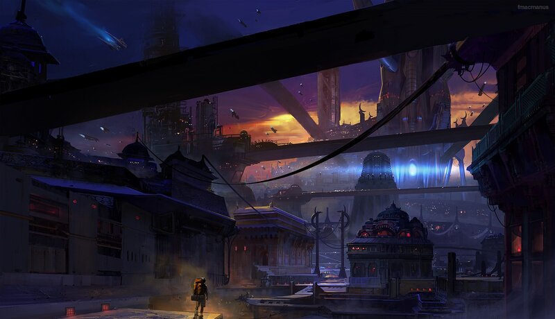 Person in Futuristic City — Purple, Dramatic