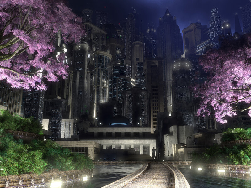 Person in Futuristic City — Purple