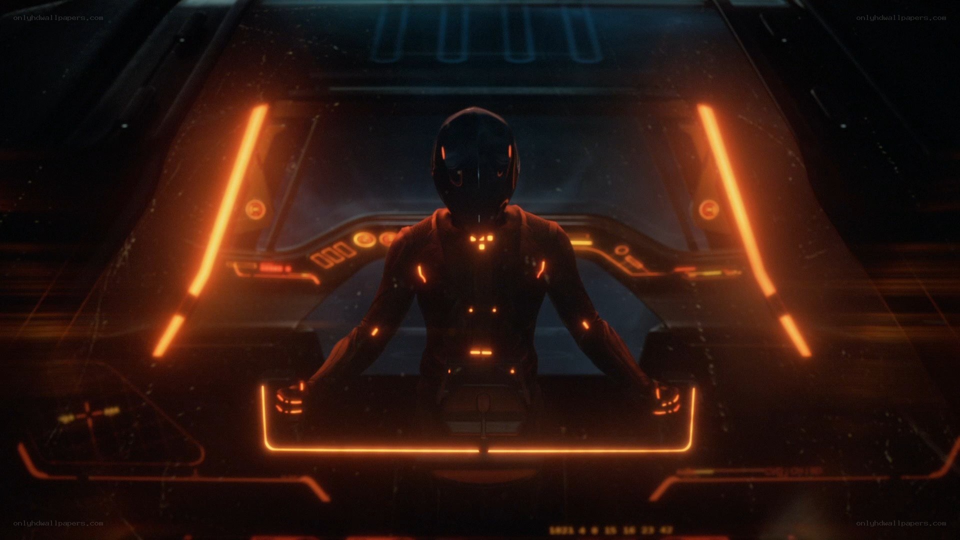 person in futuristic cockpit