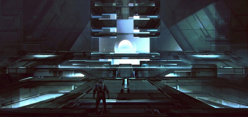 Person in Futuristic Corridor — Blue, Dramatic, Digital Art, Sci-fi Architecture