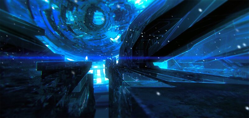 Person in Futuristic Corridor — Blue, Dramatic, Digital Art