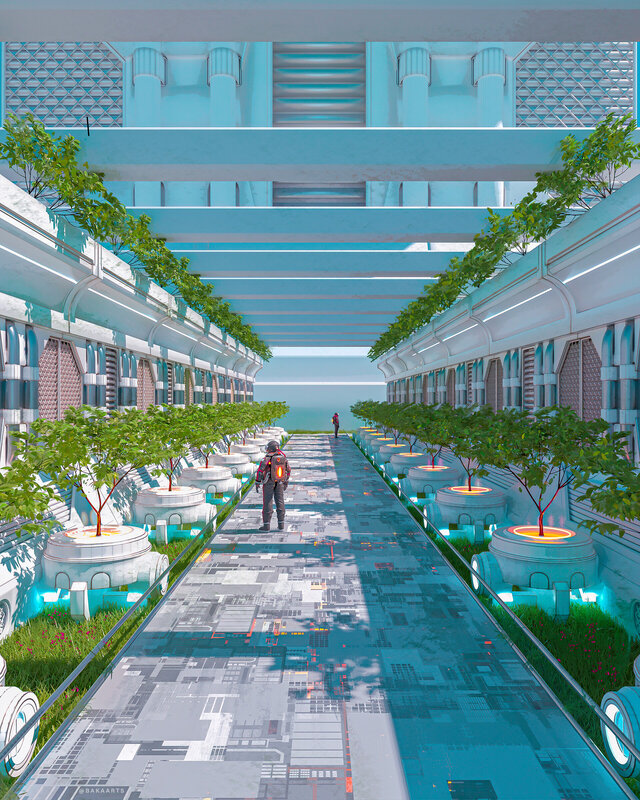 Person in Futuristic Corridor — Blue