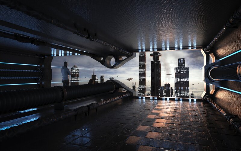 Person in Futuristic Corridor