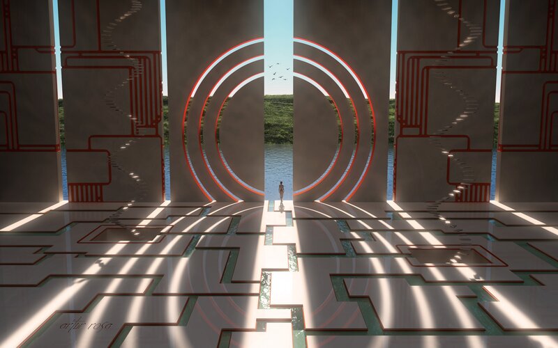 Person in Futuristic Hall