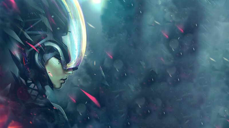 Person in Futuristic Helmet — Blue, Dramatic, Digital Art