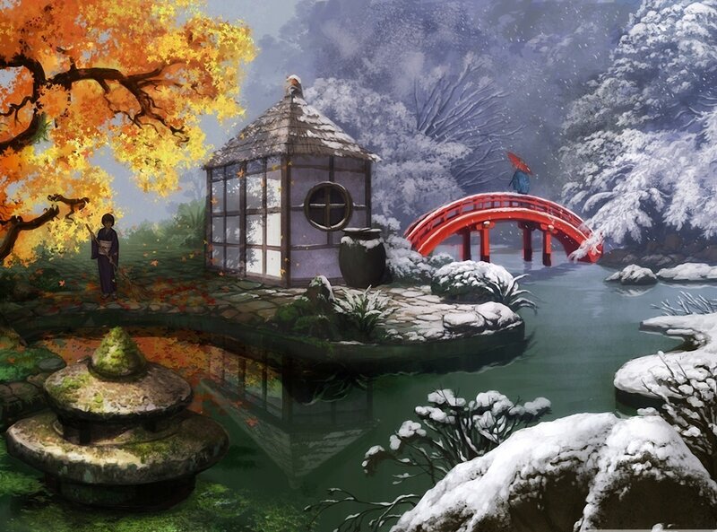 Person in Garden — Orange, Serene, Autumn, Digital Art