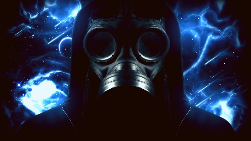 person in gas mask against space